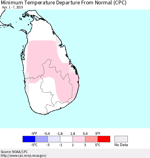Sri Lanka Mean Minimum Temperature Departure from Normal (CPC) Thematic Map For 4/1/2019 - 4/7/2019