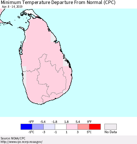 Sri Lanka Mean Minimum Temperature Departure from Normal (CPC) Thematic Map For 4/8/2019 - 4/14/2019