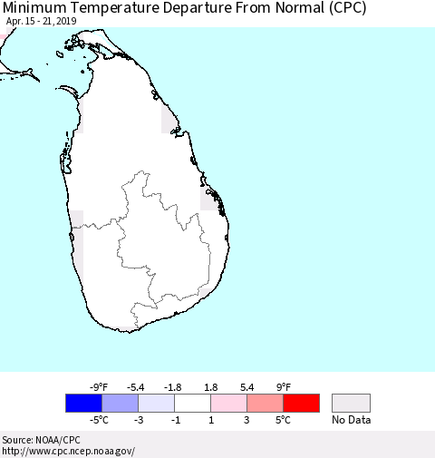 Sri Lanka Mean Minimum Temperature Departure from Normal (CPC) Thematic Map For 4/15/2019 - 4/21/2019
