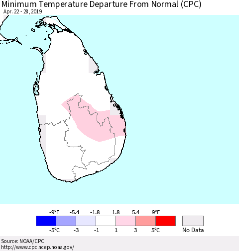 Sri Lanka Mean Minimum Temperature Departure from Normal (CPC) Thematic Map For 4/22/2019 - 4/28/2019