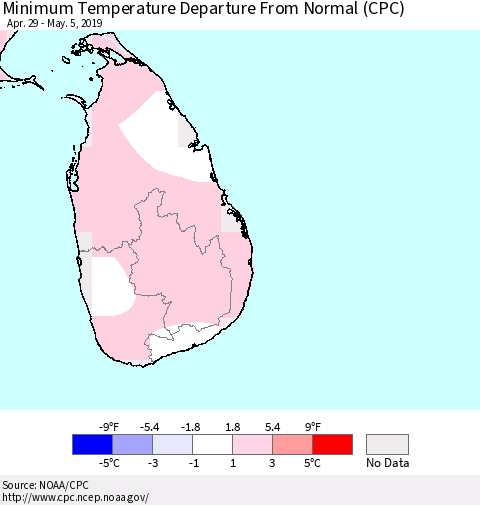 Sri Lanka Mean Minimum Temperature Departure from Normal (CPC) Thematic Map For 4/29/2019 - 5/5/2019