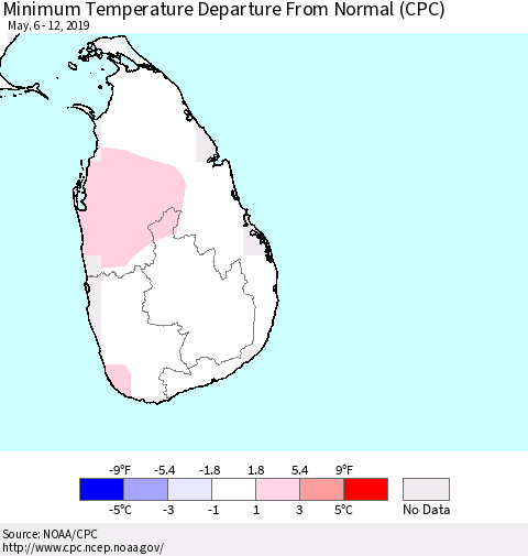Sri Lanka Minimum Temperature Departure From Normal (CPC) Thematic Map For 5/6/2019 - 5/12/2019