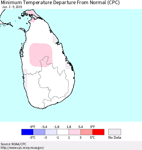 Sri Lanka Minimum Temperature Departure From Normal (CPC) Thematic Map For 6/3/2019 - 6/9/2019