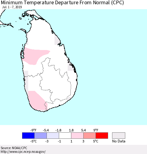 Sri Lanka Minimum Temperature Departure From Normal (CPC) Thematic Map For 7/1/2019 - 7/7/2019