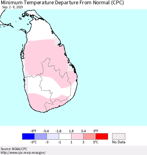 Sri Lanka Mean Minimum Temperature Departure from Normal (CPC) Thematic Map For 9/2/2019 - 9/8/2019