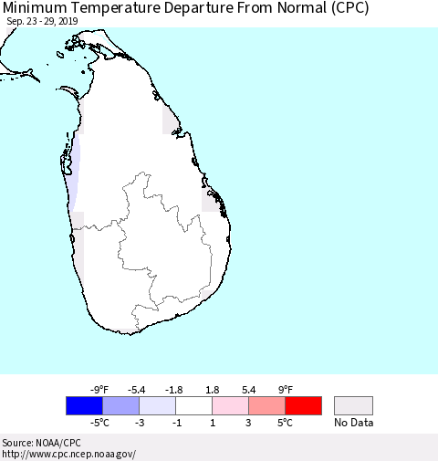 Sri Lanka Mean Minimum Temperature Departure from Normal (CPC) Thematic Map For 9/23/2019 - 9/29/2019
