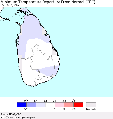 Sri Lanka Mean Minimum Temperature Departure from Normal (CPC) Thematic Map For 10/7/2019 - 10/13/2019