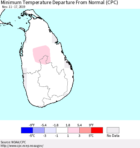 Sri Lanka Mean Minimum Temperature Departure from Normal (CPC) Thematic Map For 11/11/2019 - 11/17/2019