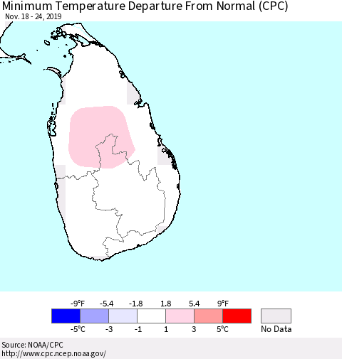 Sri Lanka Mean Minimum Temperature Departure from Normal (CPC) Thematic Map For 11/18/2019 - 11/24/2019