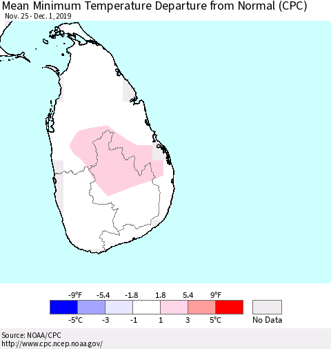 Sri Lanka Mean Minimum Temperature Departure from Normal (CPC) Thematic Map For 11/25/2019 - 12/1/2019