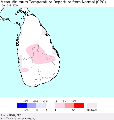 Sri Lanka Mean Minimum Temperature Departure from Normal (CPC) Thematic Map For 12/2/2019 - 12/8/2019