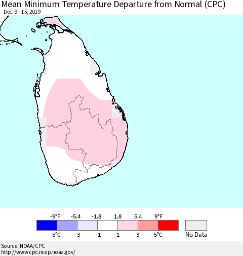 Sri Lanka Mean Minimum Temperature Departure from Normal (CPC) Thematic Map For 12/9/2019 - 12/15/2019