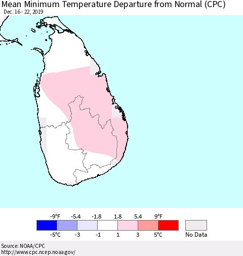 Sri Lanka Minimum Temperature Departure From Normal (CPC) Thematic Map For 12/16/2019 - 12/22/2019