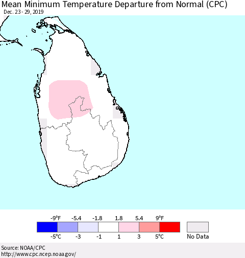 Sri Lanka Minimum Temperature Departure From Normal (CPC) Thematic Map For 12/23/2019 - 12/29/2019
