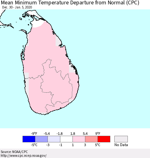 Sri Lanka Mean Minimum Temperature Departure from Normal (CPC) Thematic Map For 12/30/2019 - 1/5/2020