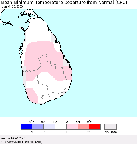 Sri Lanka Minimum Temperature Departure From Normal (CPC) Thematic Map For 1/6/2020 - 1/12/2020
