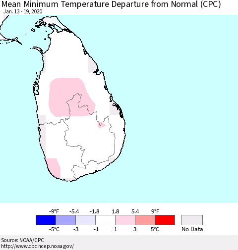 Sri Lanka Minimum Temperature Departure From Normal (CPC) Thematic Map For 1/13/2020 - 1/19/2020
