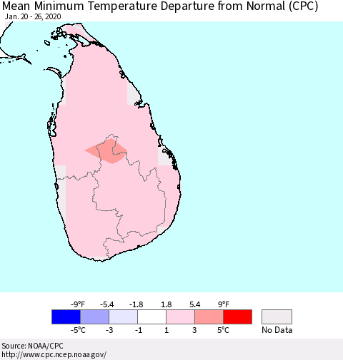 Sri Lanka Minimum Temperature Departure From Normal (CPC) Thematic Map For 1/20/2020 - 1/26/2020