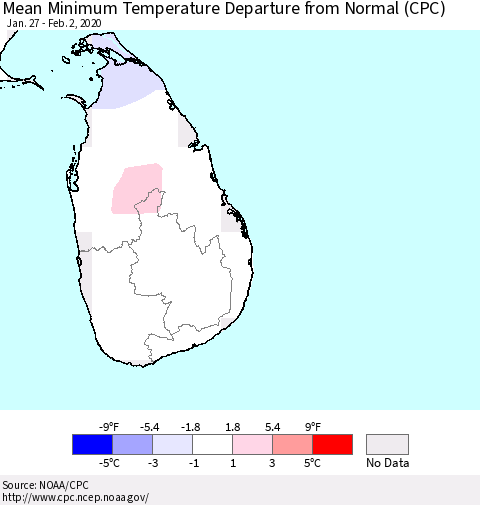 Sri Lanka Mean Minimum Temperature Departure from Normal (CPC) Thematic Map For 1/27/2020 - 2/2/2020