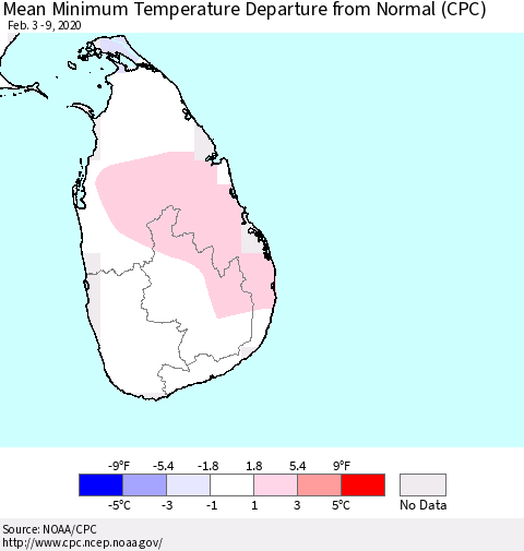 Sri Lanka Minimum Temperature Departure From Normal (CPC) Thematic Map For 2/3/2020 - 2/9/2020
