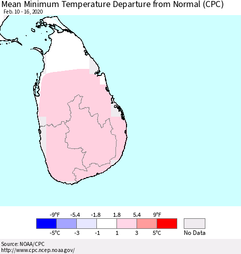 Sri Lanka Minimum Temperature Departure From Normal (CPC) Thematic Map For 2/10/2020 - 2/16/2020