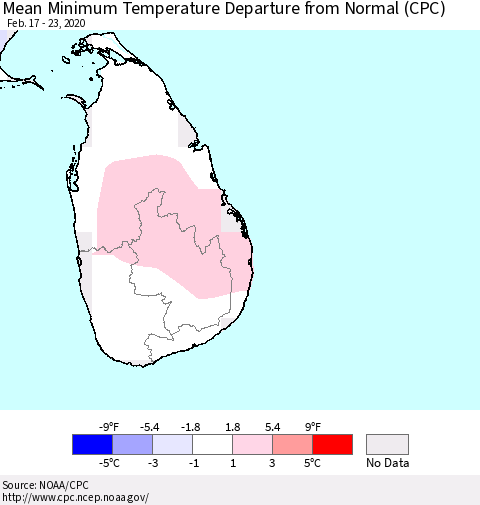 Sri Lanka Minimum Temperature Departure From Normal (CPC) Thematic Map For 2/17/2020 - 2/23/2020