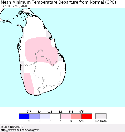 Sri Lanka Minimum Temperature Departure From Normal (CPC) Thematic Map For 2/24/2020 - 3/1/2020