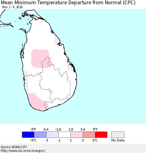 Sri Lanka Mean Minimum Temperature Departure from Normal (CPC) Thematic Map For 3/2/2020 - 3/8/2020