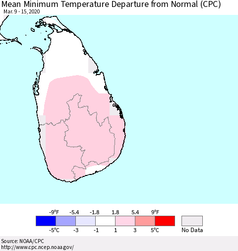 Sri Lanka Minimum Temperature Departure From Normal (CPC) Thematic Map For 3/9/2020 - 3/15/2020