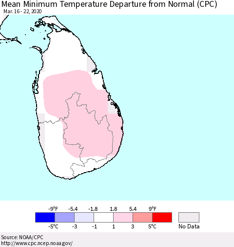 Sri Lanka Mean Minimum Temperature Departure from Normal (CPC) Thematic Map For 3/16/2020 - 3/22/2020