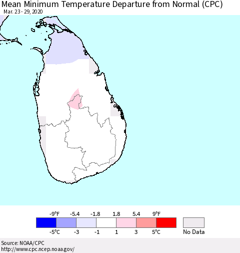 Sri Lanka Minimum Temperature Departure From Normal (CPC) Thematic Map For 3/23/2020 - 3/29/2020