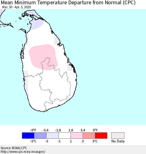 Sri Lanka Minimum Temperature Departure From Normal (CPC) Thematic Map For 3/30/2020 - 4/5/2020