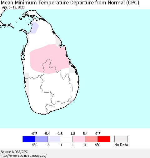 Sri Lanka Minimum Temperature Departure From Normal (CPC) Thematic Map For 4/6/2020 - 4/12/2020