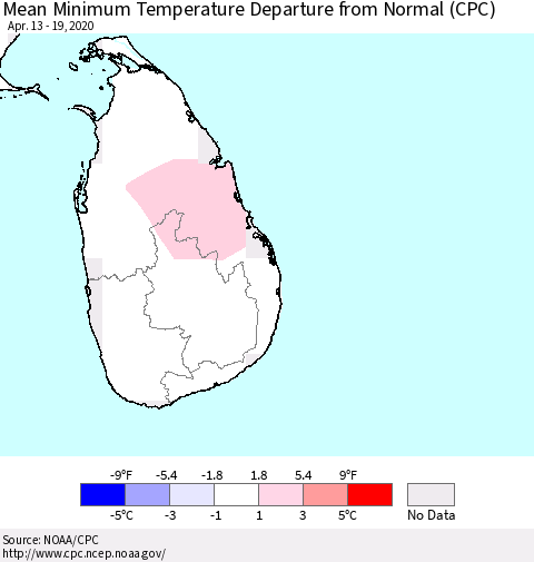 Sri Lanka Minimum Temperature Departure From Normal (CPC) Thematic Map For 4/13/2020 - 4/19/2020