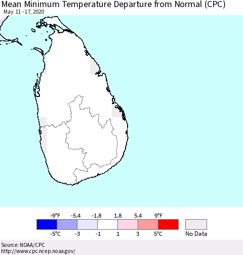 Sri Lanka Mean Minimum Temperature Departure from Normal (CPC) Thematic Map For 5/11/2020 - 5/17/2020