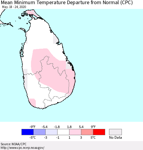 Sri Lanka Mean Minimum Temperature Departure from Normal (CPC) Thematic Map For 5/18/2020 - 5/24/2020