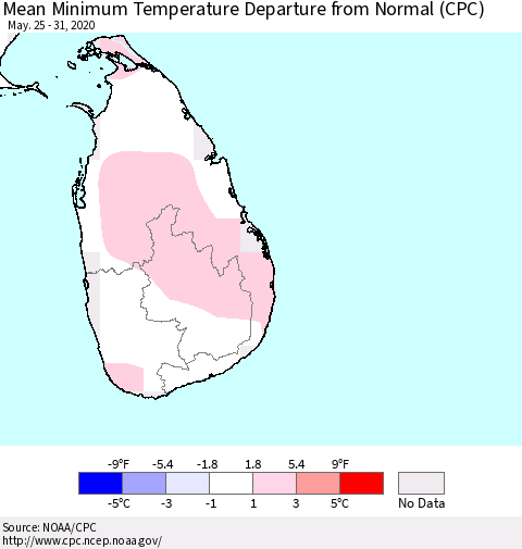 Sri Lanka Mean Minimum Temperature Departure from Normal (CPC) Thematic Map For 5/25/2020 - 5/31/2020