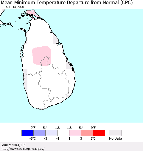 Sri Lanka Mean Minimum Temperature Departure from Normal (CPC) Thematic Map For 6/8/2020 - 6/14/2020