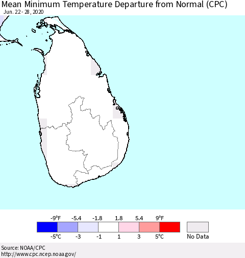 Sri Lanka Mean Minimum Temperature Departure from Normal (CPC) Thematic Map For 6/22/2020 - 6/28/2020