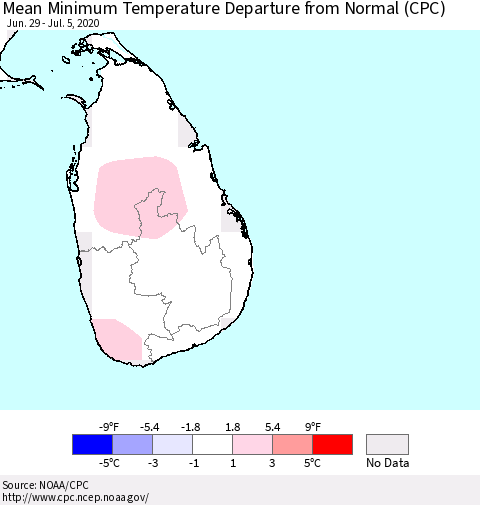 Sri Lanka Mean Minimum Temperature Departure from Normal (CPC) Thematic Map For 6/29/2020 - 7/5/2020
