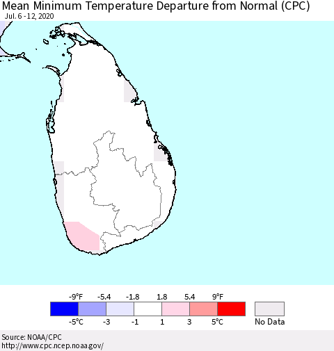 Sri Lanka Mean Minimum Temperature Departure from Normal (CPC) Thematic Map For 7/6/2020 - 7/12/2020