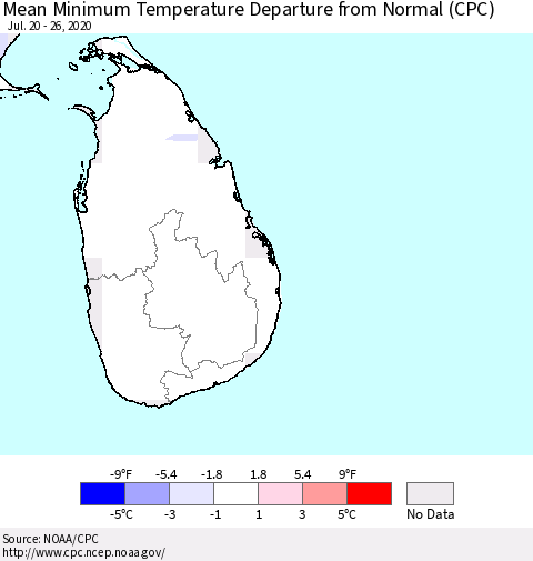 Sri Lanka Mean Minimum Temperature Departure from Normal (CPC) Thematic Map For 7/20/2020 - 7/26/2020
