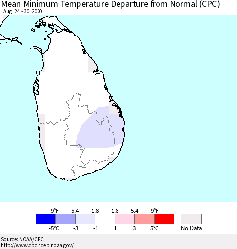 Sri Lanka Mean Minimum Temperature Departure from Normal (CPC) Thematic Map For 8/24/2020 - 8/30/2020