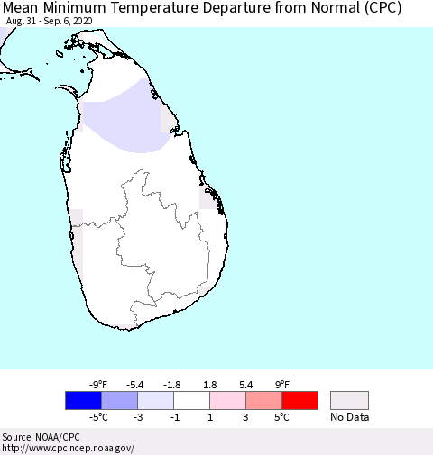 Sri Lanka Minimum Temperature Departure From Normal (CPC) Thematic Map For 8/31/2020 - 9/6/2020