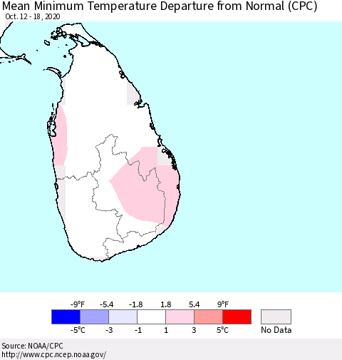 Sri Lanka Minimum Temperature Departure From Normal (CPC) Thematic Map For 10/12/2020 - 10/18/2020