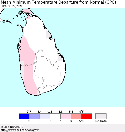 Sri Lanka Mean Minimum Temperature Departure from Normal (CPC) Thematic Map For 10/19/2020 - 10/25/2020