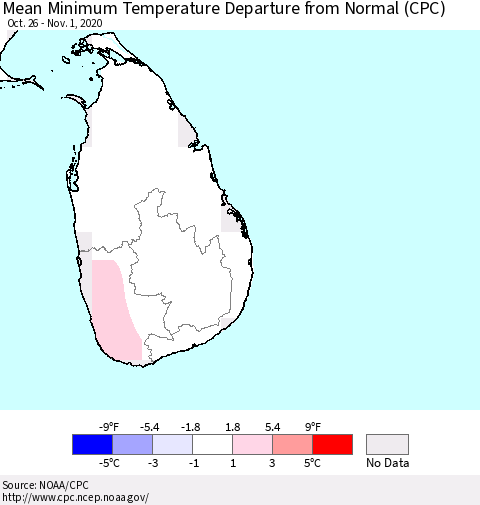 Sri Lanka Minimum Temperature Departure From Normal (CPC) Thematic Map For 10/26/2020 - 11/1/2020