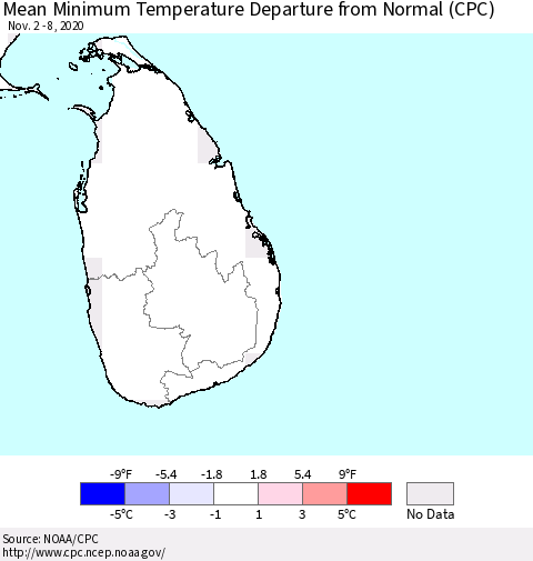 Sri Lanka Mean Minimum Temperature Departure from Normal (CPC) Thematic Map For 11/2/2020 - 11/8/2020