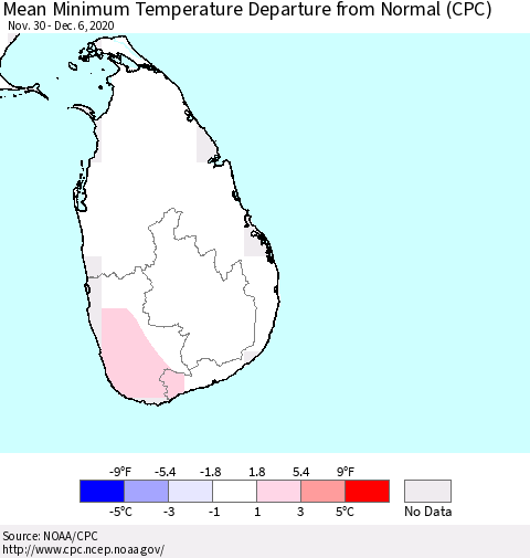 Sri Lanka Minimum Temperature Departure From Normal (CPC) Thematic Map For 11/30/2020 - 12/6/2020