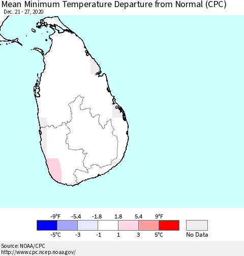 Sri Lanka Minimum Temperature Departure From Normal (CPC) Thematic Map For 12/21/2020 - 12/27/2020
